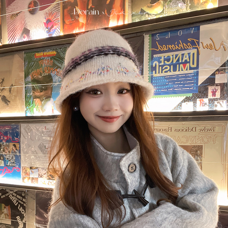 针织渔夫帽女秋冬韩系复古提花水桶帽显脸小护耳盆帽新款毛线帽子