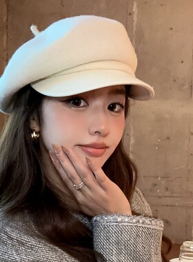 白色毛呢贝雷帽女秋冬新款显脸小羊毛混纺八角帽纯色百搭报童帽子