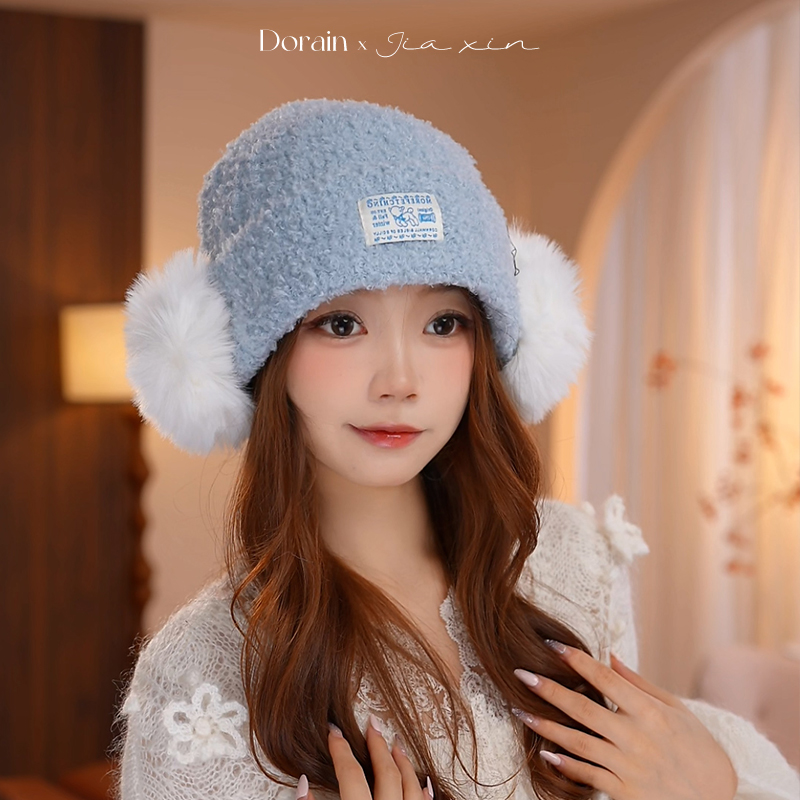 韩系毛绒针织帽女秋冬加厚防寒保暖护耳一体毛线帽百搭显脸小帽子