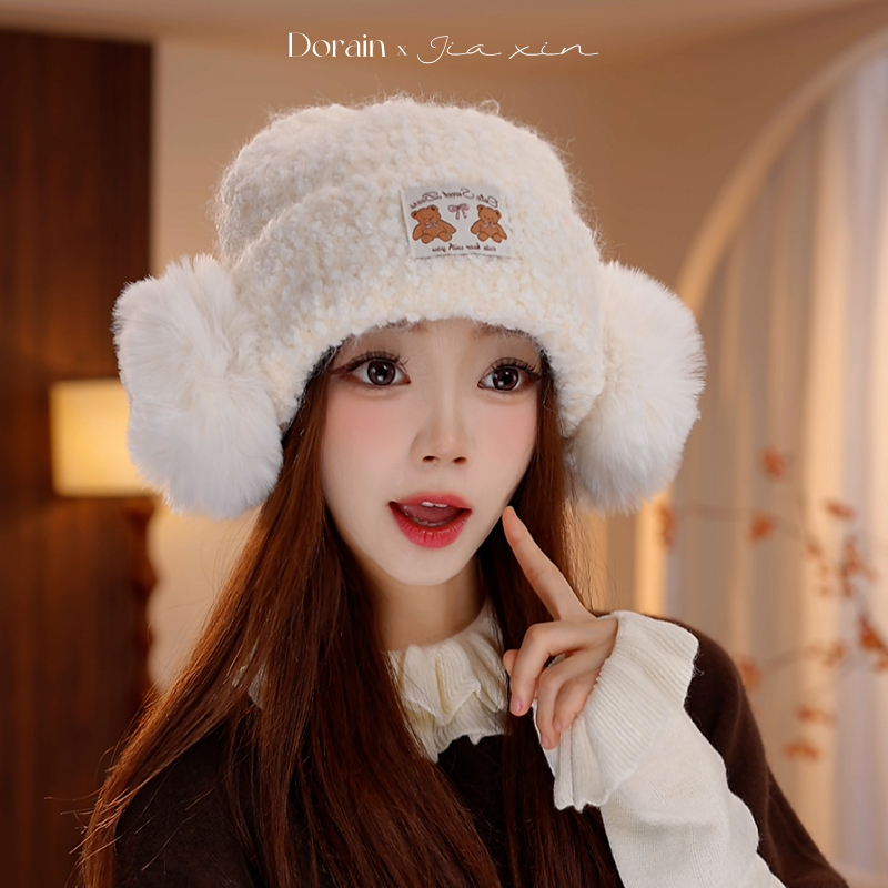 韩系护耳毛绒帽女秋冬新款加绒加厚显脸小毛线帽防寒保暖针织帽子