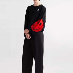 落肩美式复古毛衣白敬亭同款袖口红色笑脸宽松针织衫