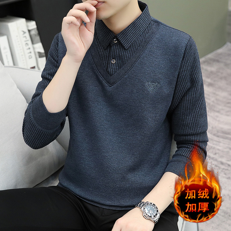 秋冬假两件毛衣男修身加绒加厚保暖打底毛衫青年商务休闲外套