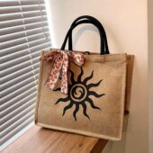 大容量亚麻手提包包女复古时尚 黄麻布单肩托特包百搭妈咪包奶瓶袋