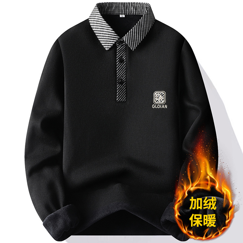 冬季加绒加厚毛衣男假两件翻领