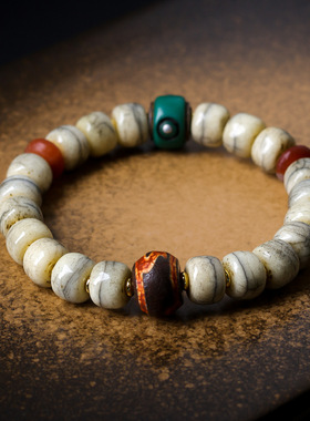 文玩手串藏饰藏风骨头炸裂纹桶珠手链度母天珠料器民族风男女礼物