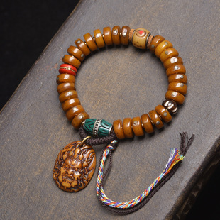 藏风传回流牦牛骨镶嵌盘珠手串单圈藏式文玩男串玛瑙天珠送礼