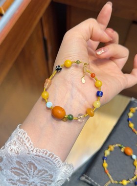 天然蜜蜡手链女新中式编织多宝青金石南红玛瑙手串多巴胺琥珀手绳