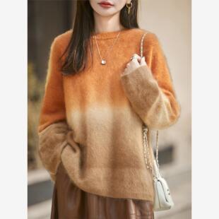 重磅时尚晕染渐变拉绒羊绒衫女加厚软糯大码毛衣宽松羊毛针织上衣