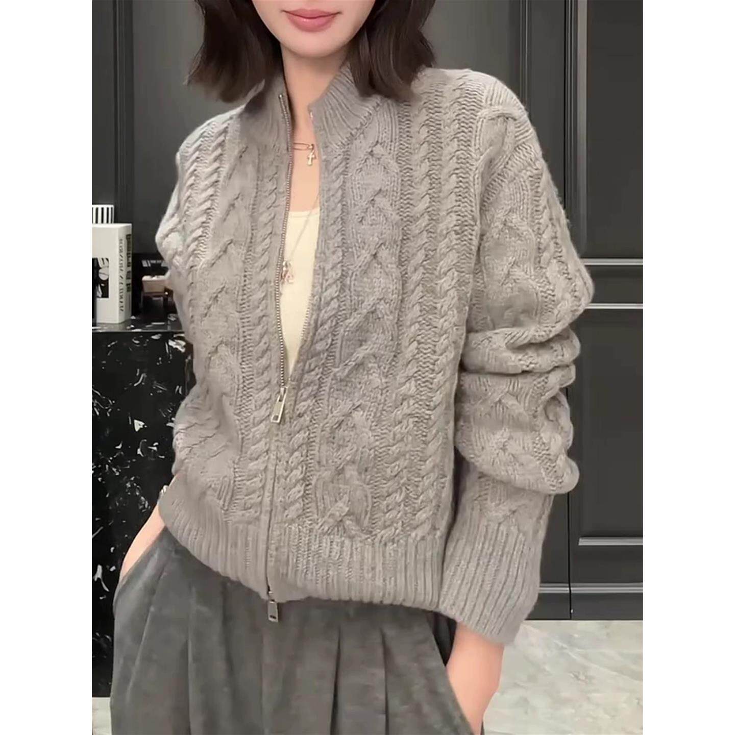 欧货高端麻花加厚立领羊绒针织开衫女秋冬宽松短款羊毛拉链外套