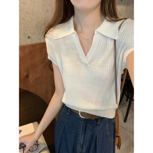 气质短款POLO领天丝薄款短袖针织衫女夏季宽松显瘦翻领冰丝T恤衫