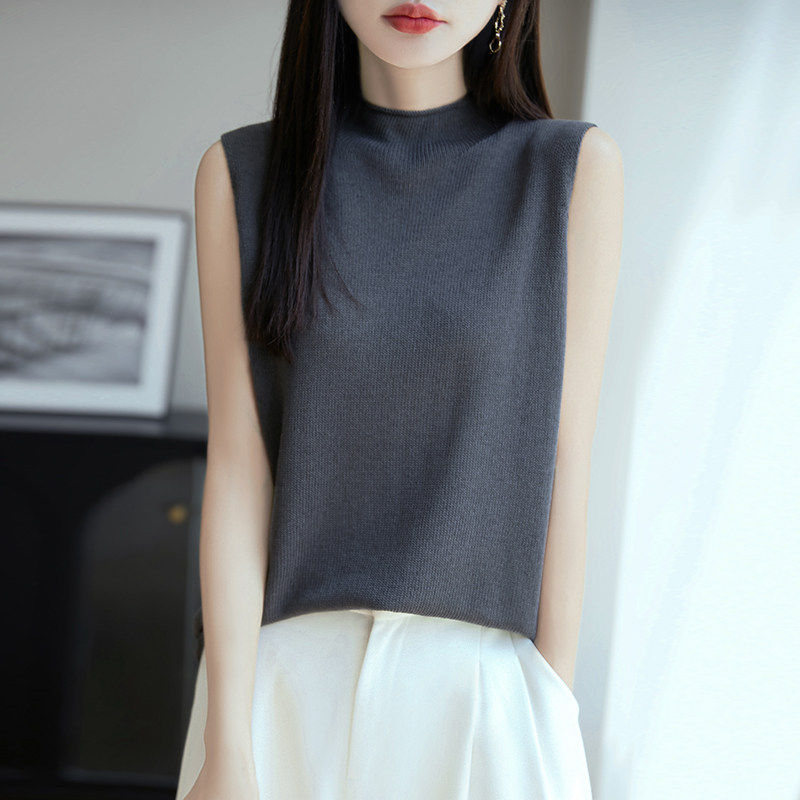 半高领莱赛尔天丝无袖针织背心女夏季宽松亚麻上衣T恤衫立领坎袖