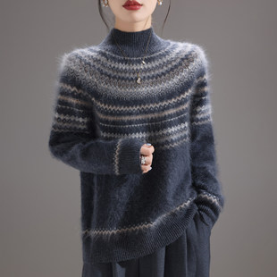 8940 新款 半高领拼色提花拉毛羊毛衫 宽松百搭洋气上衣毛衣女25冬季