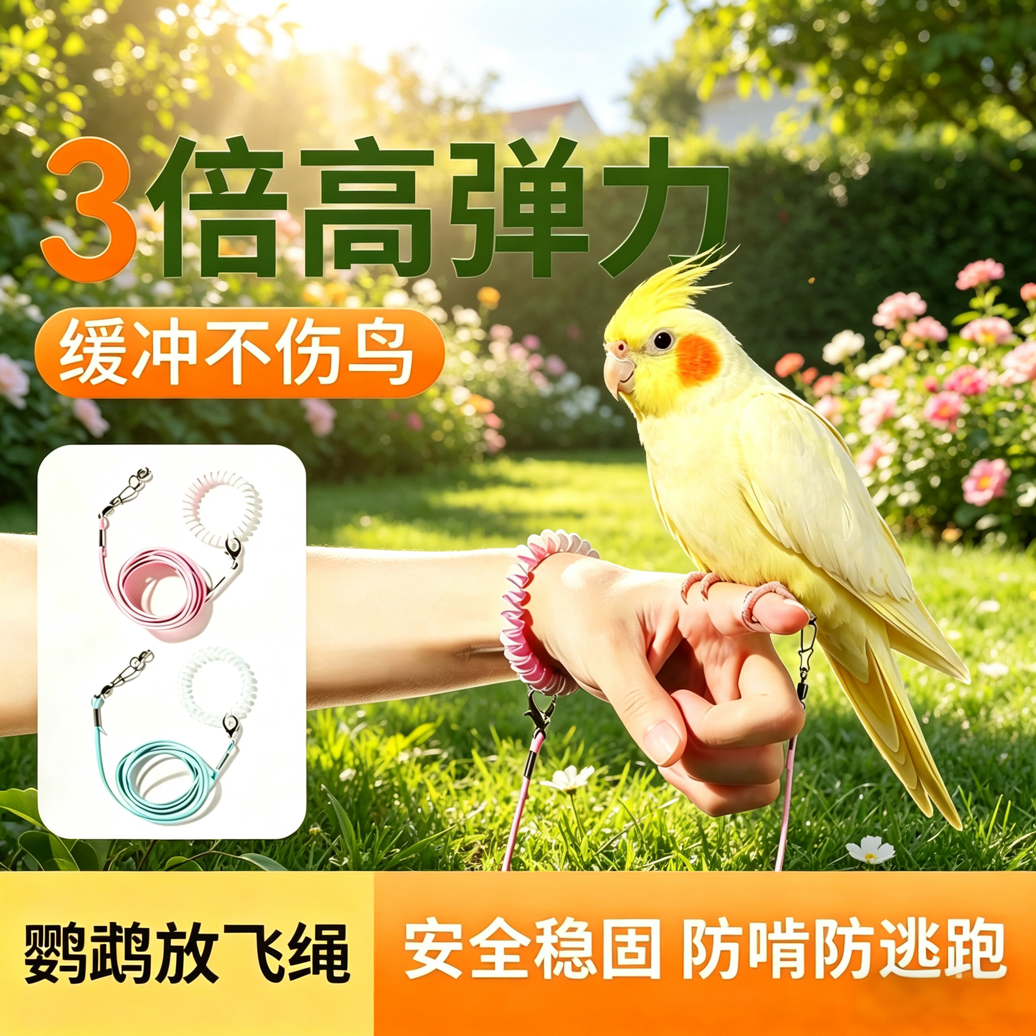 玄凤鹦鹉户外牵引绳3倍高弹力放飞绳缓冲不伤鸟安全稳固防啃逃跑