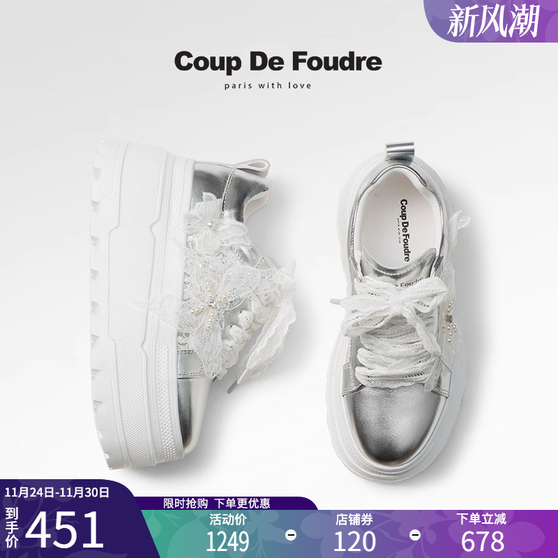 CDF女鞋2025夏季新款时尚厚底松糕板鞋气质蕾丝蝴蝶亮片网面鞋女