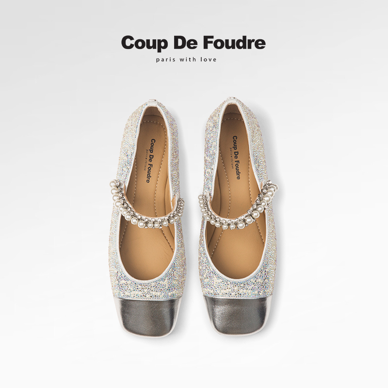 CDF女鞋轻奢秋季新款百搭真皮浅口低跟单鞋水钻优雅银色玛丽珍鞋