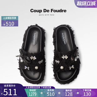 水钻珍珠露趾外穿一字拖鞋 CDF女鞋 厚底舒适沙滩拖鞋 2025夏季 新款