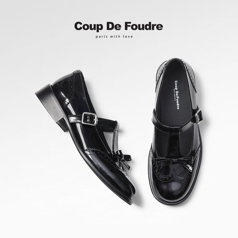 CDF女鞋2025春季新款百搭真皮英伦风玛丽珍鞋浅口蝴蝶结粗跟单鞋