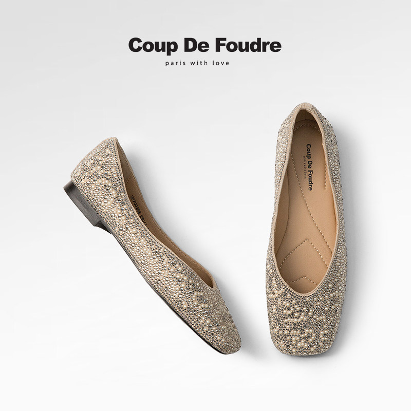 CDF女鞋2025秋款新款百搭羊皮方头浅口平底水钻软底单鞋伴娘鞋女,女鞋,浅口单鞋,淘宝优惠券,粉丝福利购,淘宝优惠卷