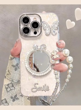 珍珠镜子适用OPPOReno14新款女专用6手机外壳13至尊版oppoReno12pro带手链11高级10可爱9透明8好看7保护套