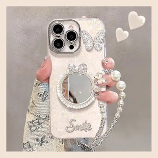 珍珠镜子适用OPPOReno14新款女专用6手机外壳13至尊版oppoReno12pro带手链11高级10可爱9透明8好看7保护套