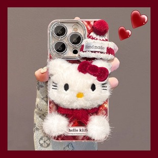 毛绒Kitty适用苹果16双支架手机壳p50新女款iPhone15promax华为mate60荣耀200pro女vivox100防摔oppoReno12套