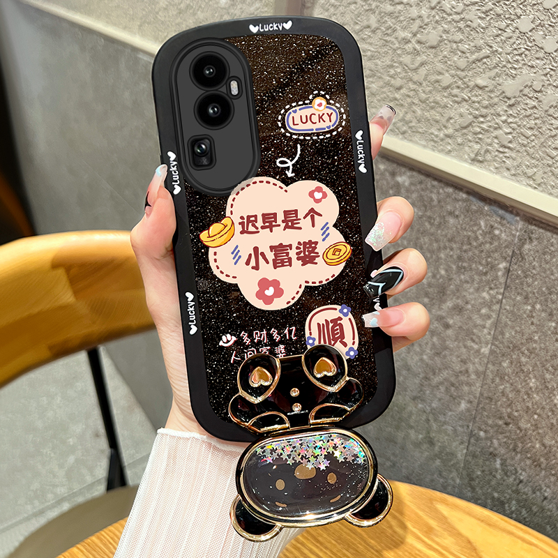 迟早是个小富婆适用opporeno10新款3手机壳2z真我realme11简约4se可爱5/6/7/Reno8proplus小熊流沙镜子保护套 3C数码配件 手机保护套/壳 原图主图