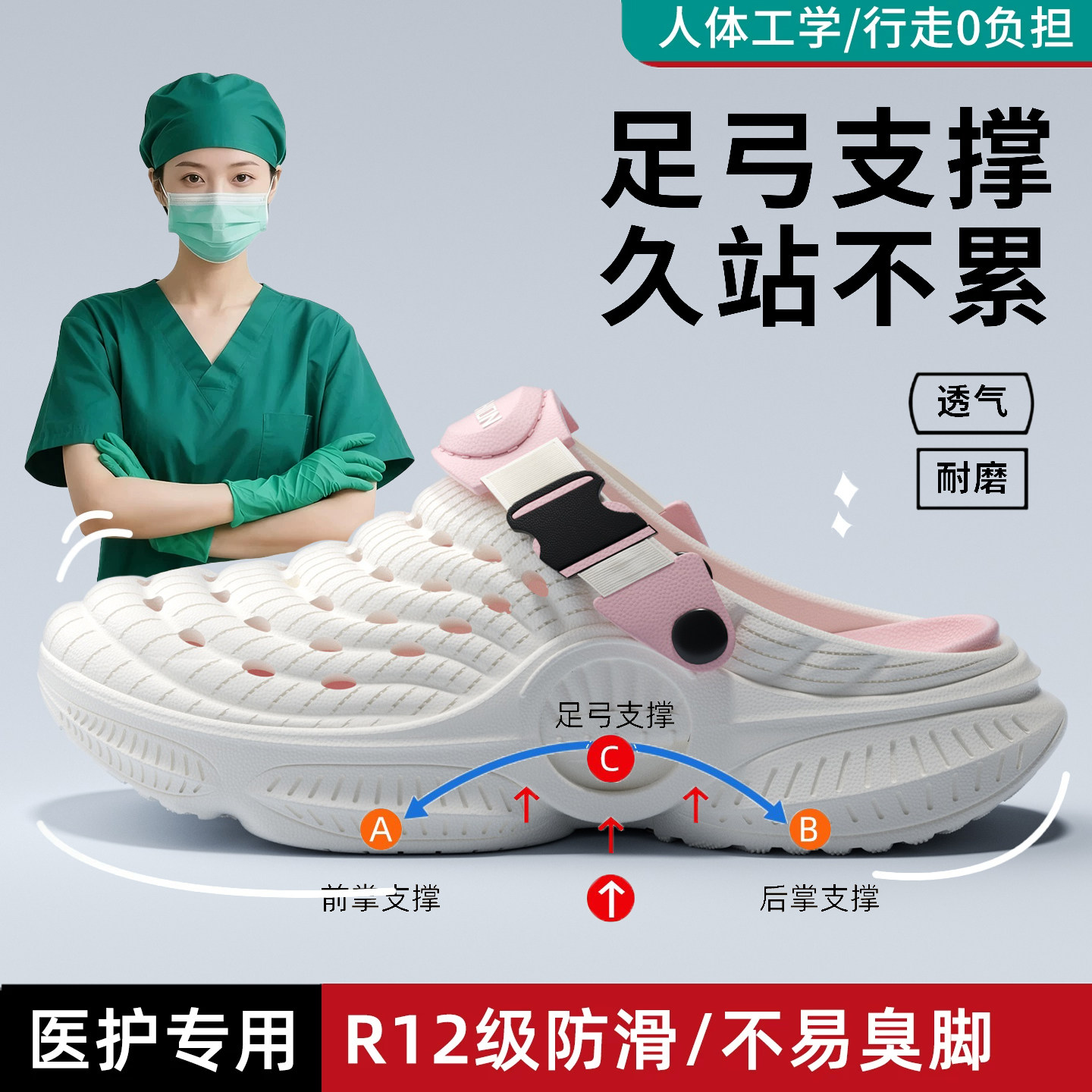 医用手术室洞洞鞋女款2026新款夏季外穿防滑防臭护士足弓支撑凉鞋