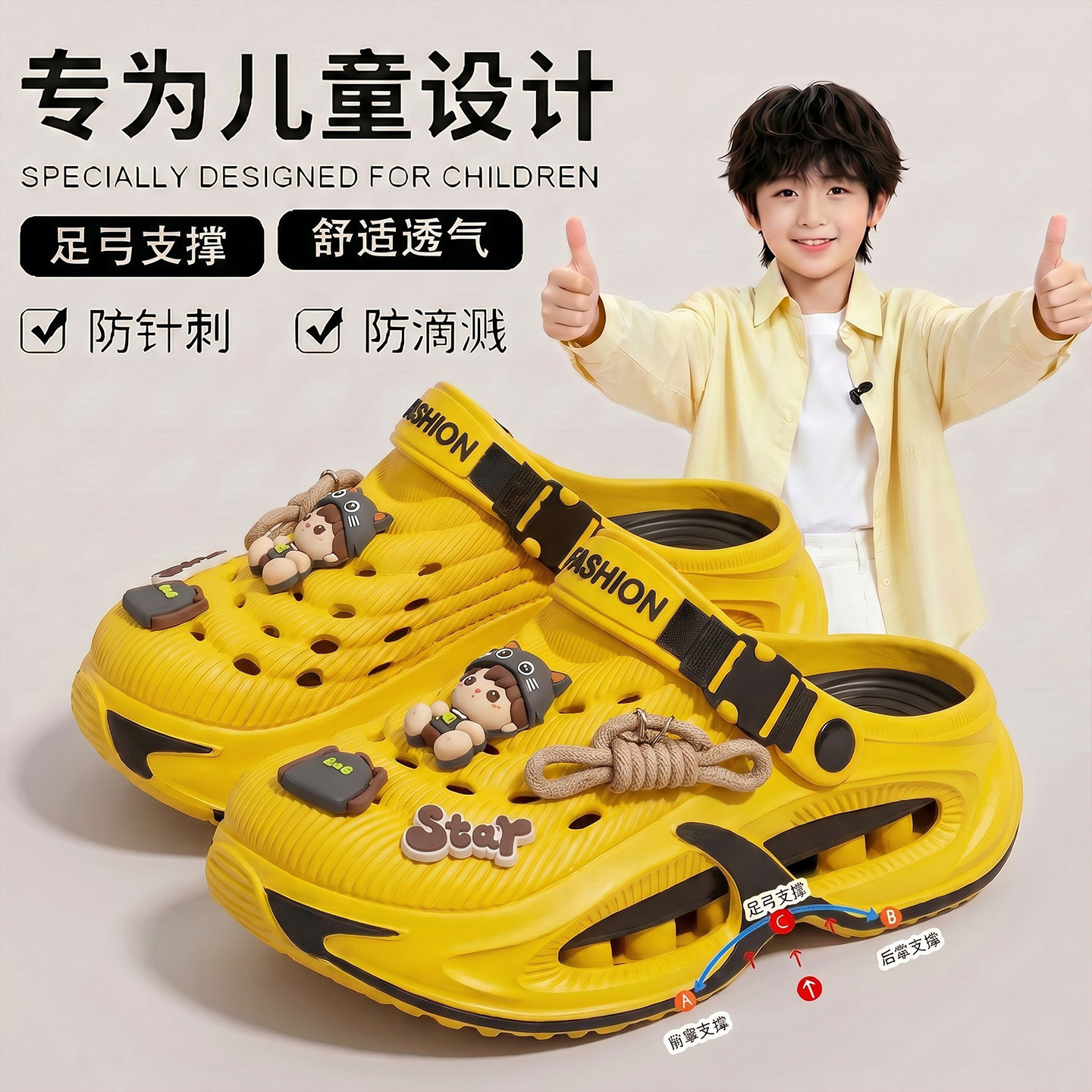 男童夏季足弓支撑防滑洞洞鞋图片