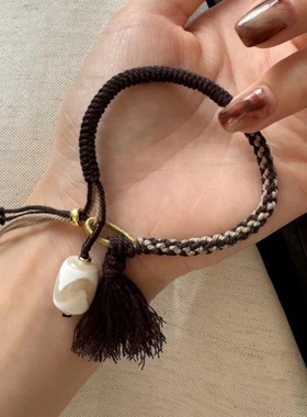 纯手工编绳搭配虎牙天珠手串手链文玩手串男女念珠佛珠DIY创意