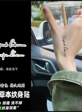 法语句子活在当下草本果汁纹身贴防水持久字母纹身贴纸逼真果汁