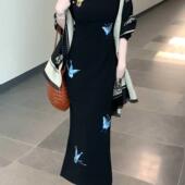 她来了复古馆新中式 国风蝴蝶改良旗袍少女气质显瘦长袖 黑色连衣裙