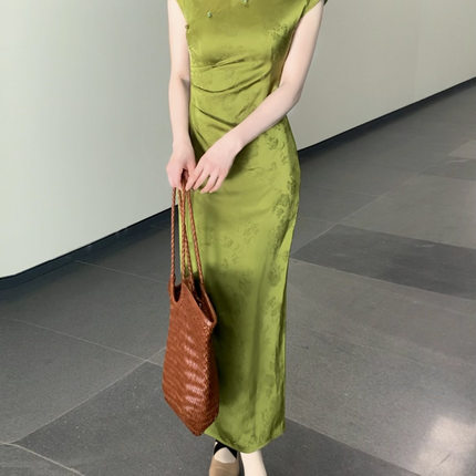 她来了复古馆【夏莺绿】新中式绿色提花显瘦显白改良旗袍连衣裙
