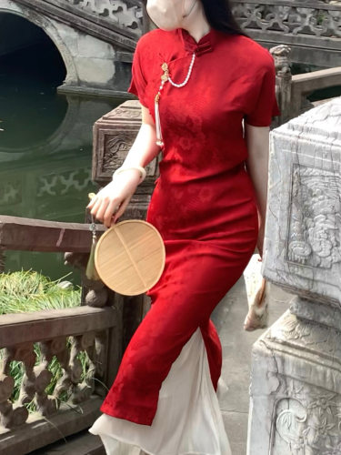 红色全开襟结婚订婚旗袍日常可穿