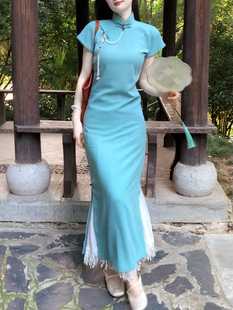 她来了复古馆古法全开襟曳地平裁蓝色旗袍女复古长款民国风连衣裙