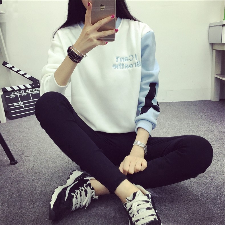 2016 autumn and winter new Harajuku Korean wave tide loose long-sleeved spell color plus velvet sweater women round collar students on clothes