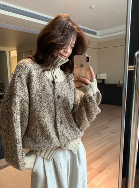 TooToo韩系慵懒风高领毛衣女秋冬设计感针织开衫外套宽松显瘦上衣