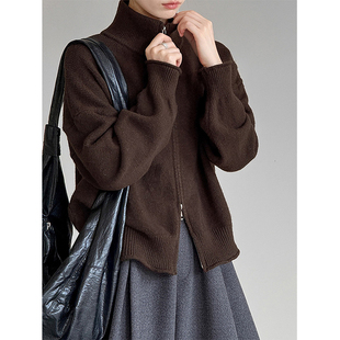 咖色美拉德立领双头拉链针织开衫女气质慵懒风毛衣外套高级感上衣