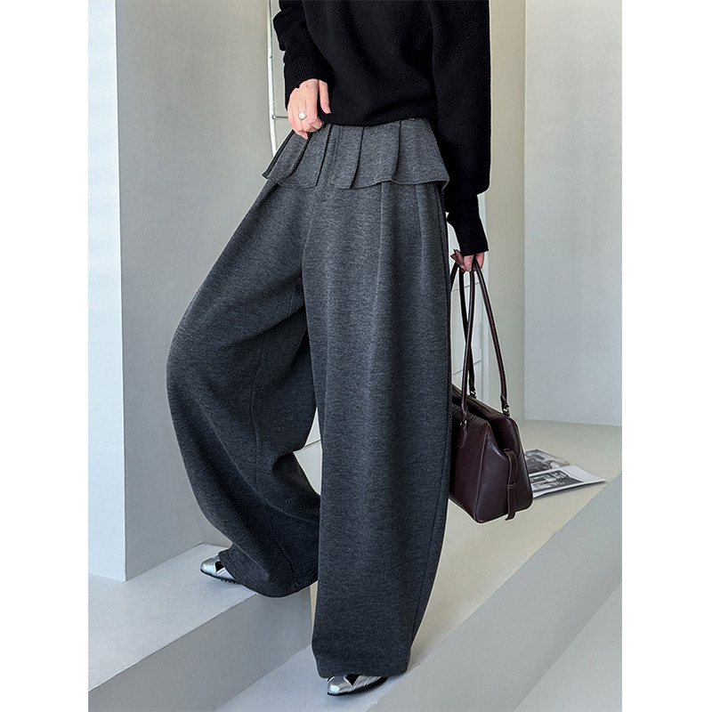 韩系荷叶边设计感拖地休闲裤宽松慵懒风裤子女梨型身材巨显瘦裤子