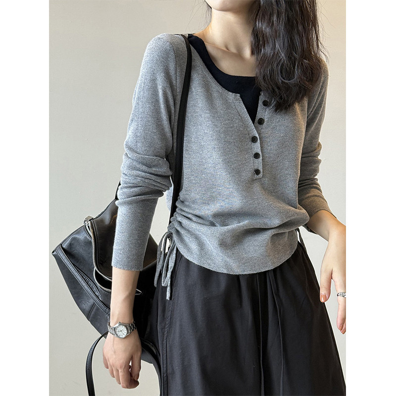 下摆圆弧羊毛假两件长袖针织衫女