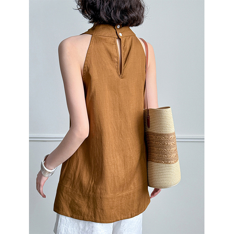 焦糖色设计感无袖衬衫女2025新款
