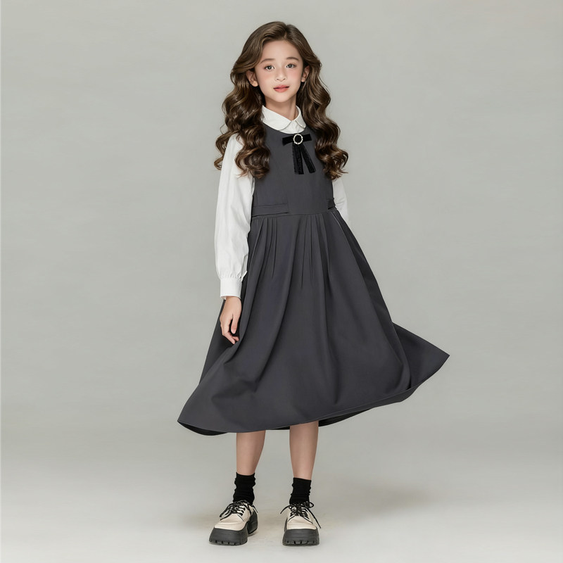 灰色学院风女童套装秋冬背心裙演讲服装中大童无袖裙子洋气两件套图片