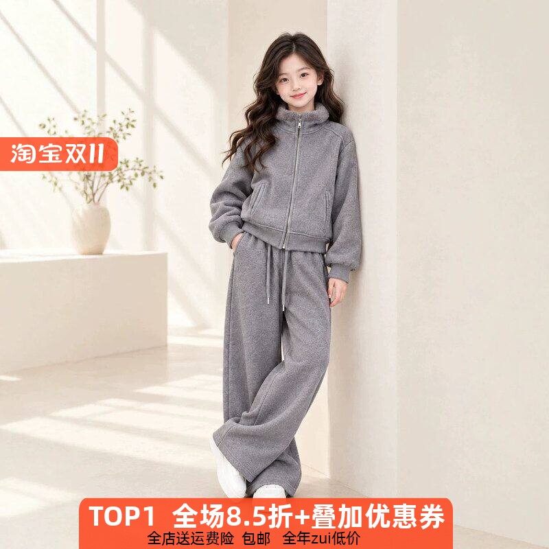 韩系高端童装儿童跑步运动套装中大童初中生一体加绒休闲冬装女童