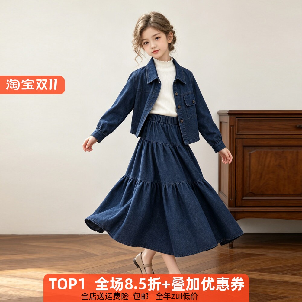 女童秋冬牛仔套装裙两件套初中生