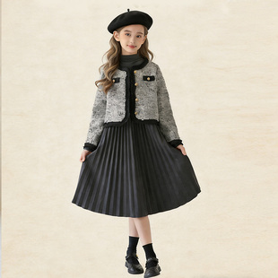 小香风中大童女装2025新款秋冬外套连衣裙套装女孩公主装洋气演出