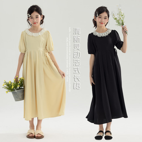 宽松泡泡袖女童夏季连衣裙女款短袖度假大童甜美长裙法式花领裙子