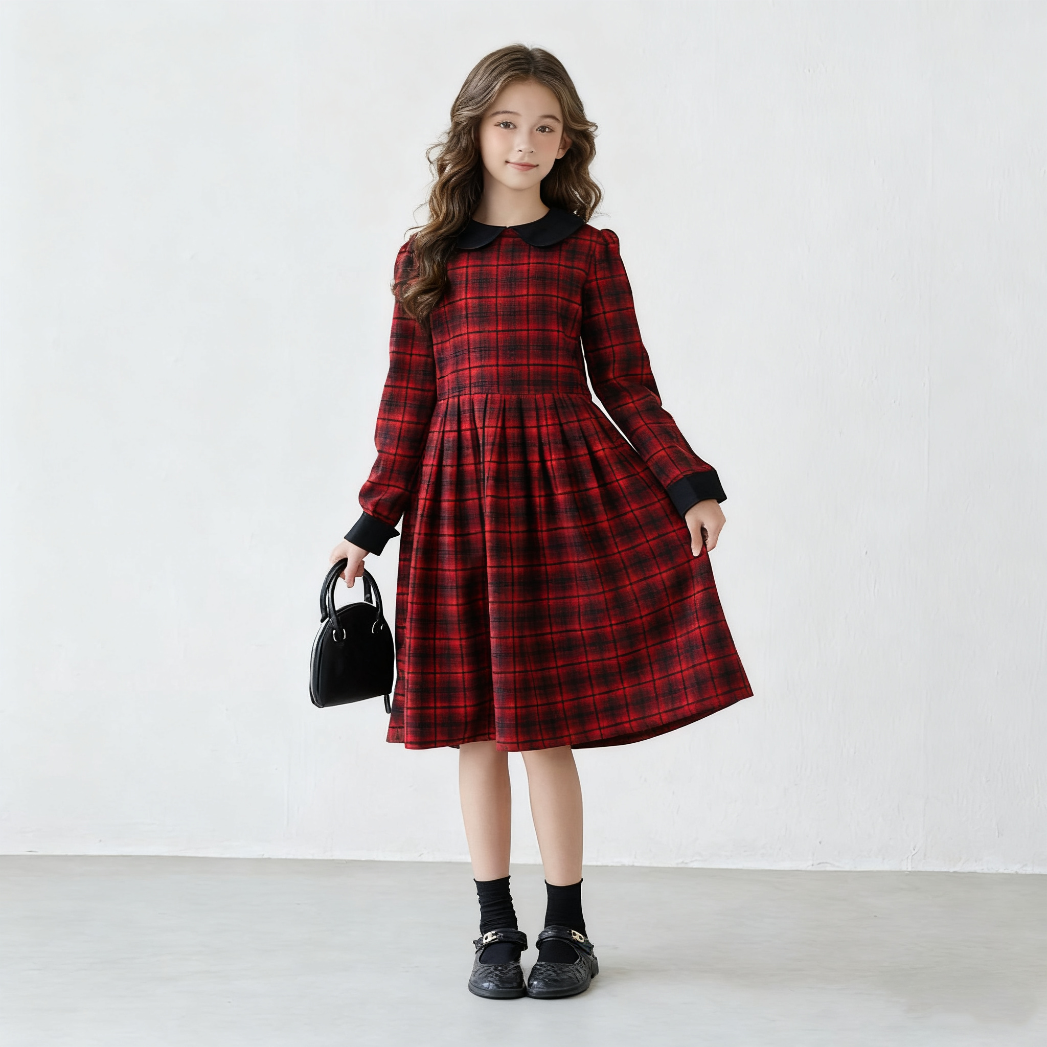 文艺复古红格女童富家千金感裙子中大童裙子秋冬娃娃领洋气连衣裙