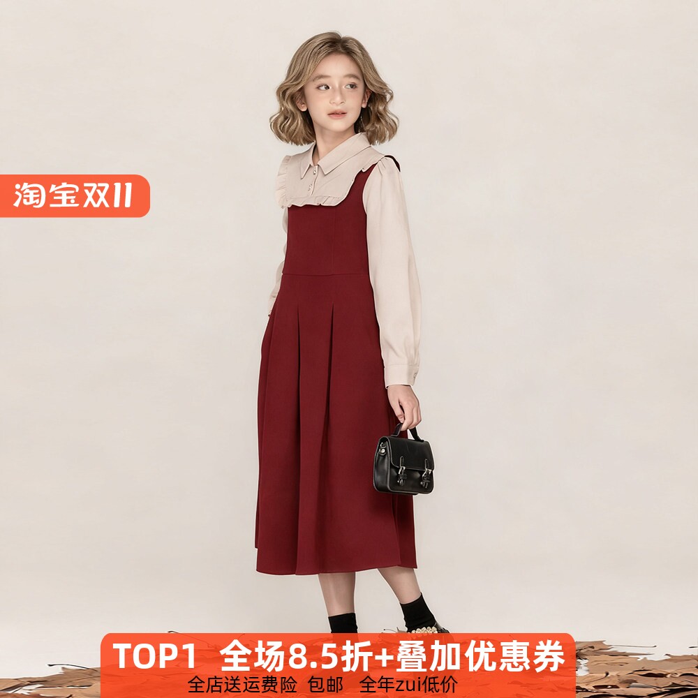 女童裙子新年红色连衣裙法式秋冬
