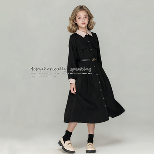黑色小香风气质女童连衣裙秋冬加绒中大童polo公主初中生新年裙子