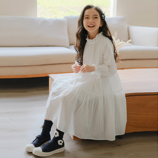 白色纯棉女童长袖连衣裙春秋小女孩洋气海边度假法式小白裙子宽松