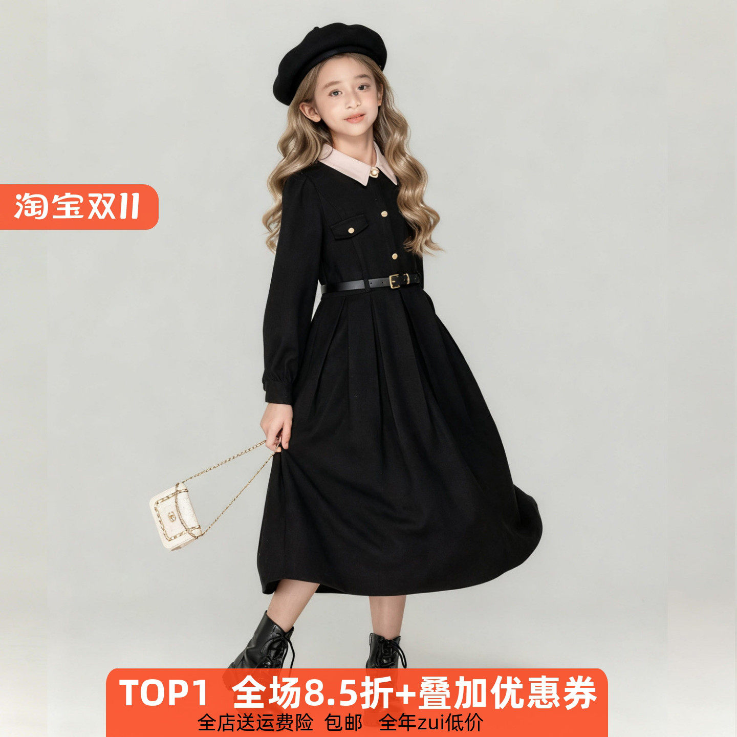 黑色洋气女童连衣裙冬演奏小香风2026新款秋季女孩冬裙加绒长裙子